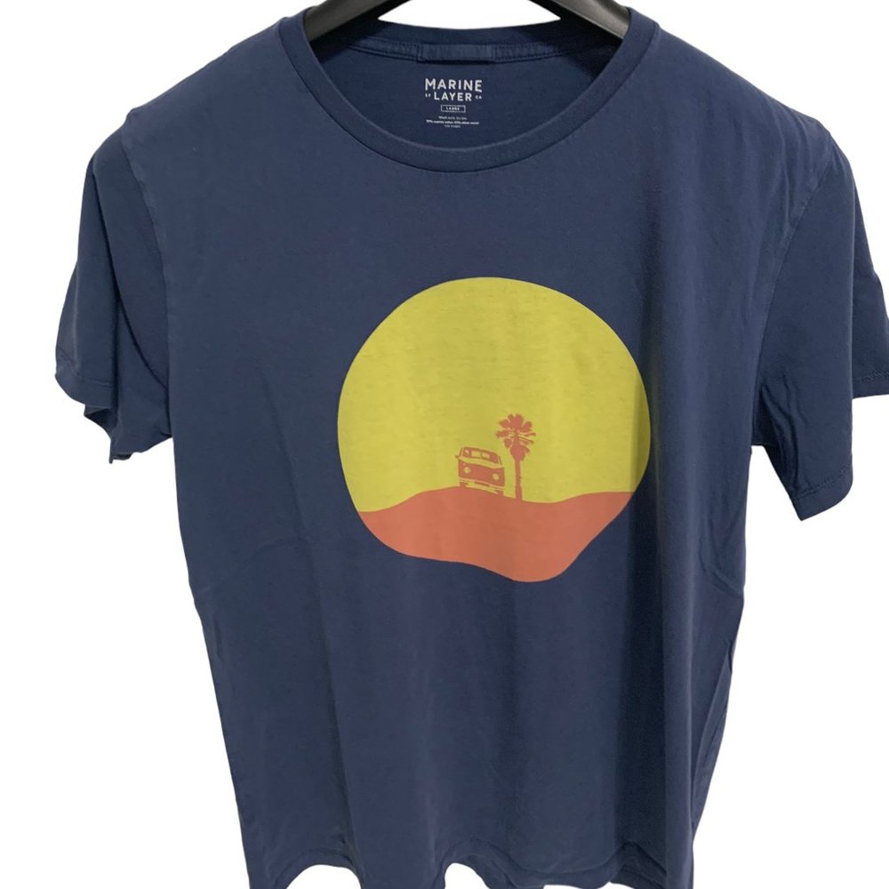 Marine Layer Shirt Mens Large Blue Short Sleeve Crew Neck Sunset Logo